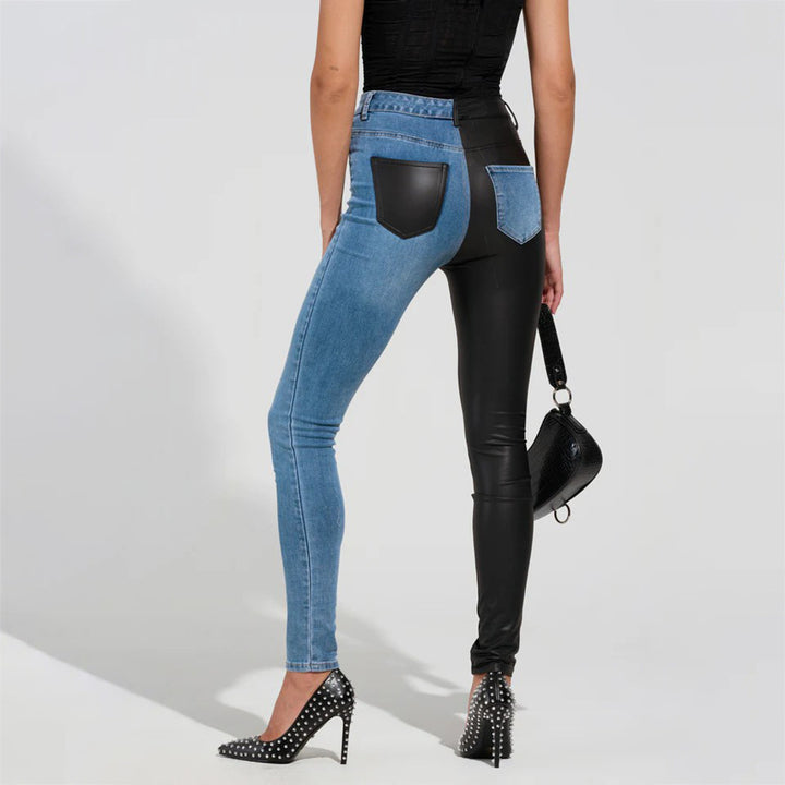 Damen Skinny Jeans mit kombiniertem Denim- und Leder-Look Drune