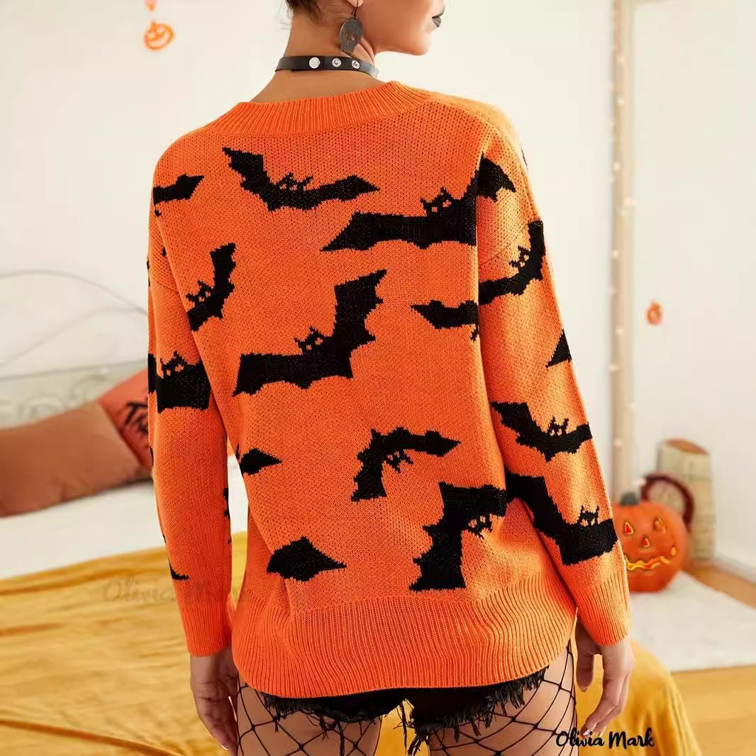 Damen Halloween Pullover mit lustigem Fledermaus-Muster Drune