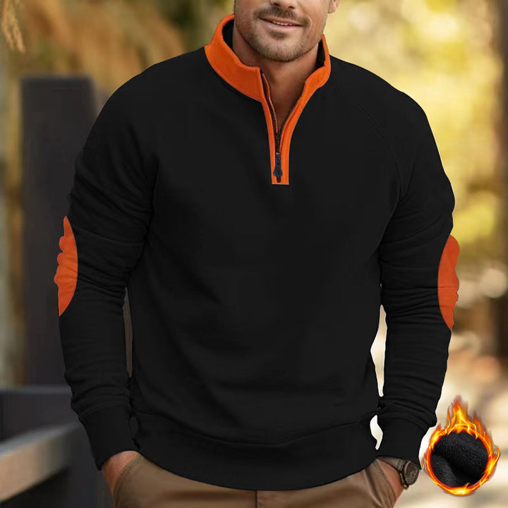 Herren nan Zip-Pullover mit Stehkragen, halbem Reißverschluss und verstärkten Ellbogenpatches Drune
