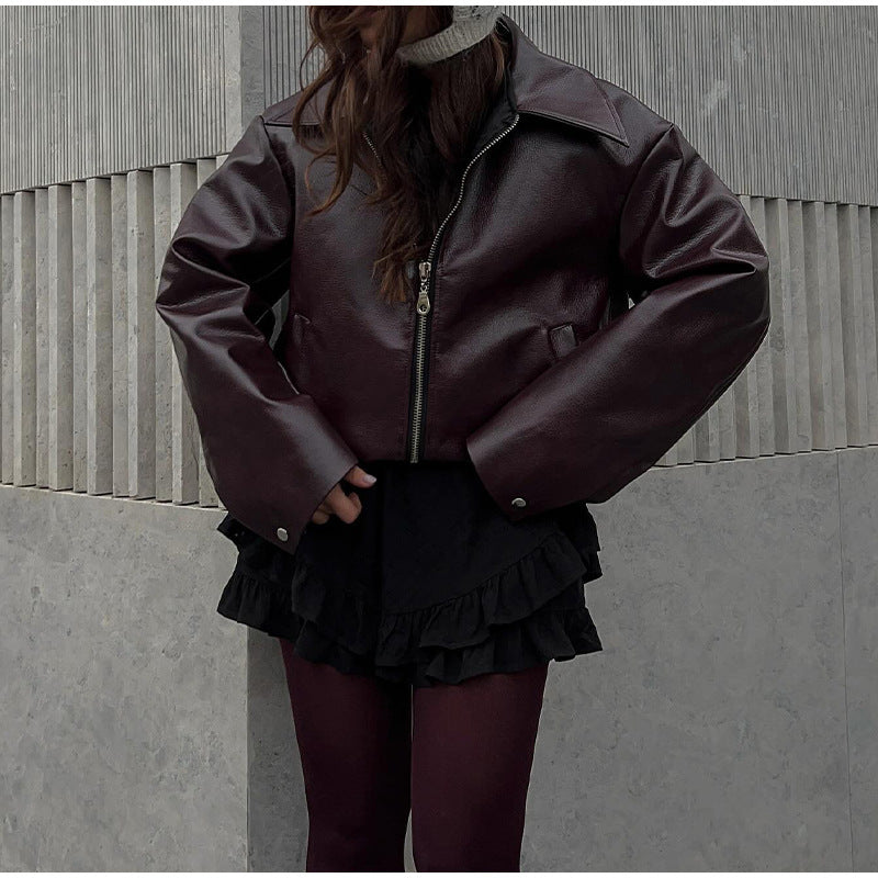 Damen Moderne Kunstlederjacke im Oversized-Schnitt mit klassischen Details Drune