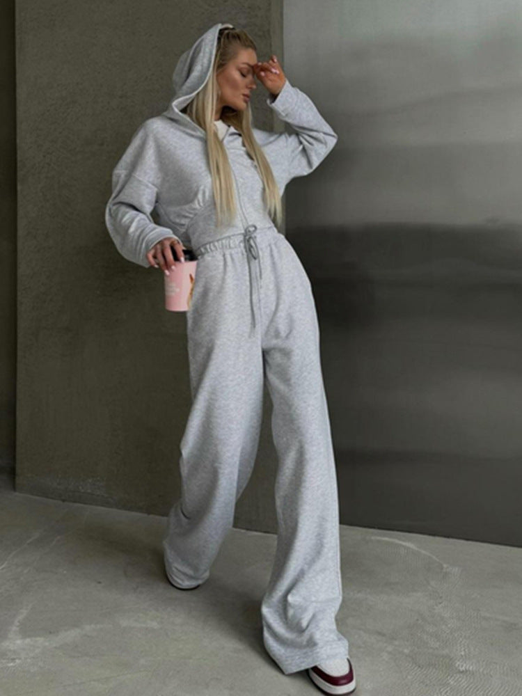 Damen nan zweiteiliges Cropped Hoodie-Set mit weitem Bundhose-Schnitt und tailliertem Reißverschluss Drune