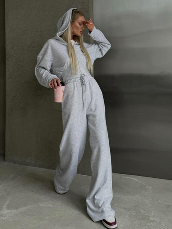 Damen nan zweiteiliges Cropped Hoodie-Set mit weitem Bundhose-Schnitt und tailliertem Reißverschluss Drune