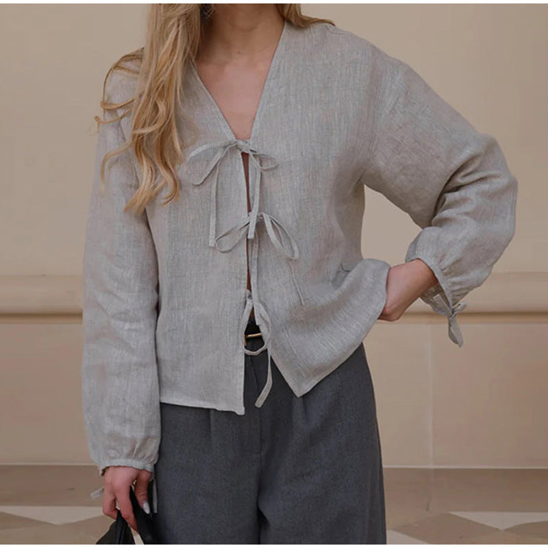 Damen Leinenbluse mit eleganten Schleifen Drune