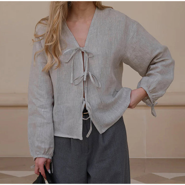 Damen Leinenbluse mit eleganten Schleifen Drune