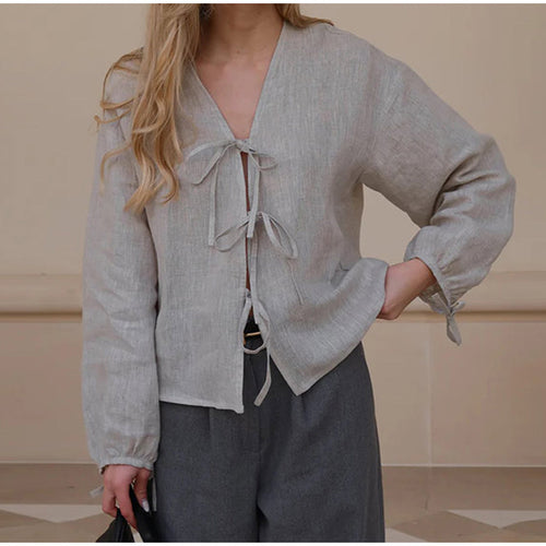 Damen Leinenbluse mit eleganten Schleifen Drune