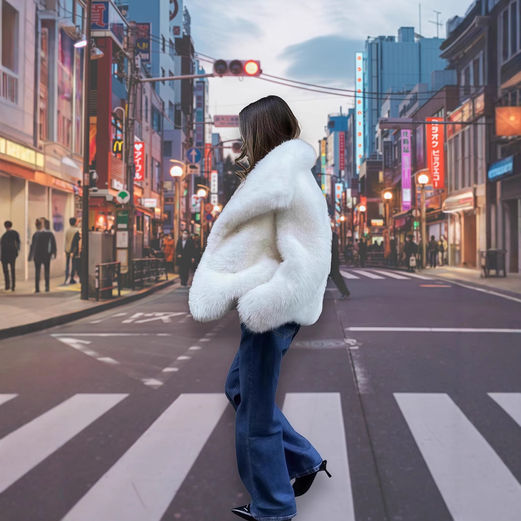 Damen Kunstpelzjacke mit luxuriösem Schnitt und weitem Kragen Drune