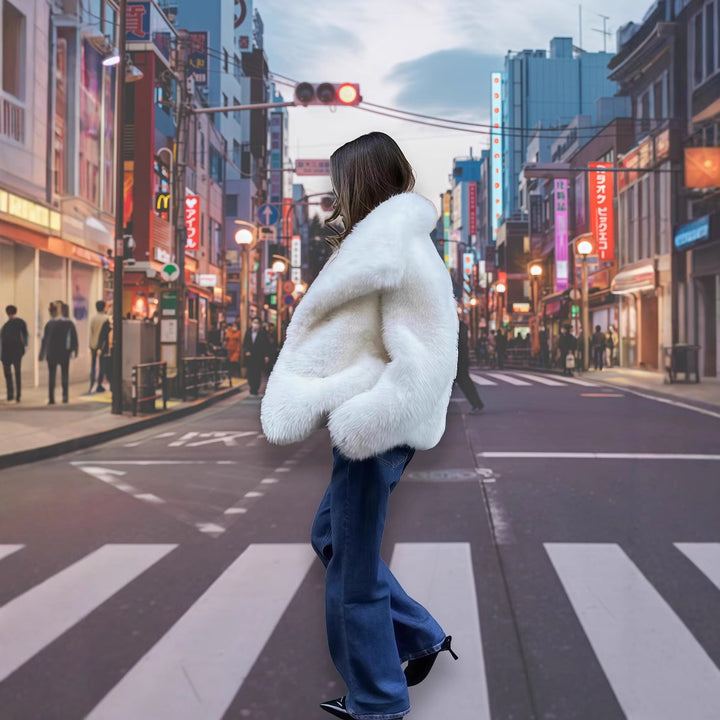 Damen Kunstpelzjacke mit luxuriösem Schnitt und weitem Kragen Drune