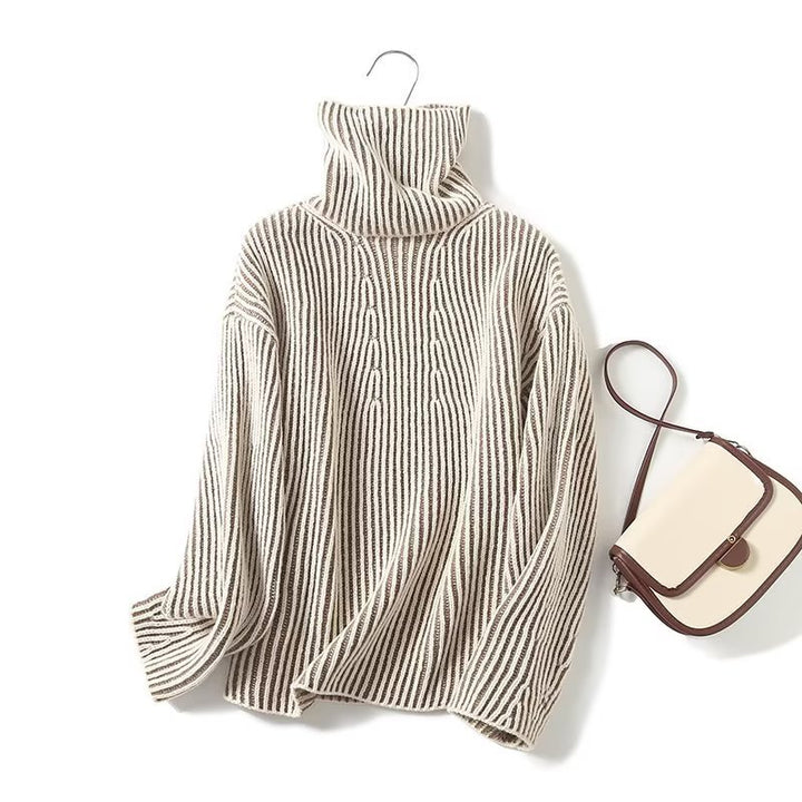 Damen gemütlicher Strickpullover mit hohem Kragen und modernen Streifen Drune
