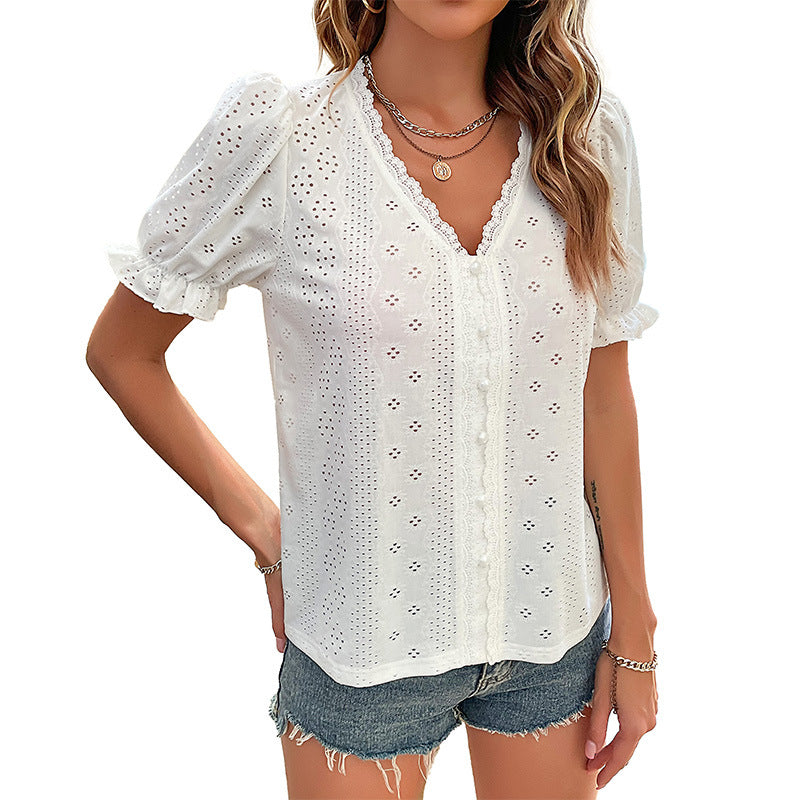 Damen Bluse mit Rüschendetails und Spitzenapplikationen Drune