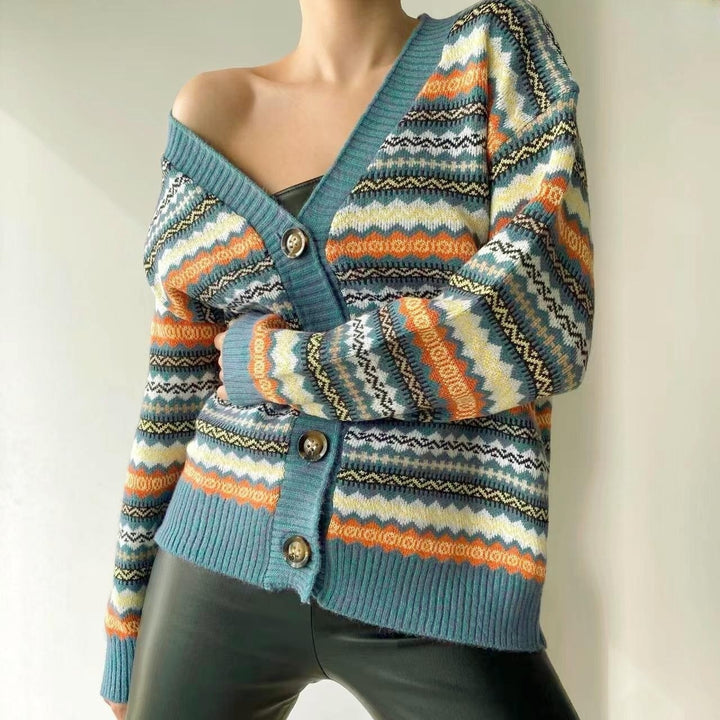 Damen modische Strickjacke mit grafischem Muster und Knopfleiste Drune