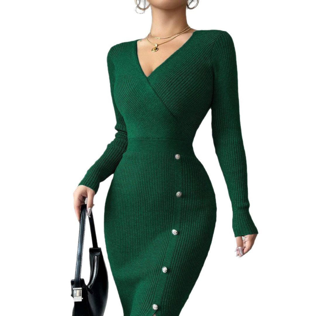 Damen Strickkleid mit Wickeloptik und perlenverzierten Knöpfen Drune