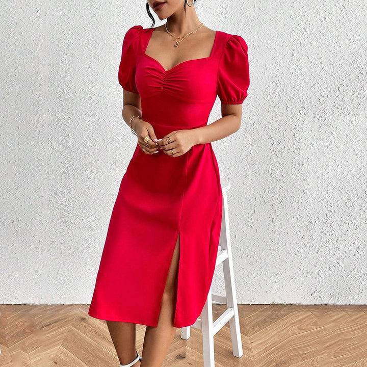 Damen Midi-Kleid mit Puffärmeln und schickem Seitenriss Drune