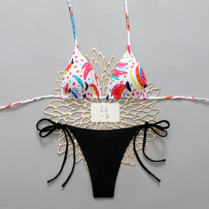 Damen Triangel-Bikini mit buntem Fruchtmuster und femininen Schleifen Drune