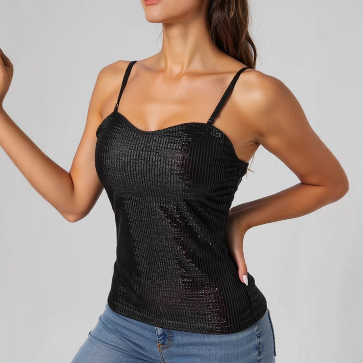 Damen elegantes Spaghettiträgershirt mit luxuriösem Paillettenbesatz und feinem Rippstrick Drune