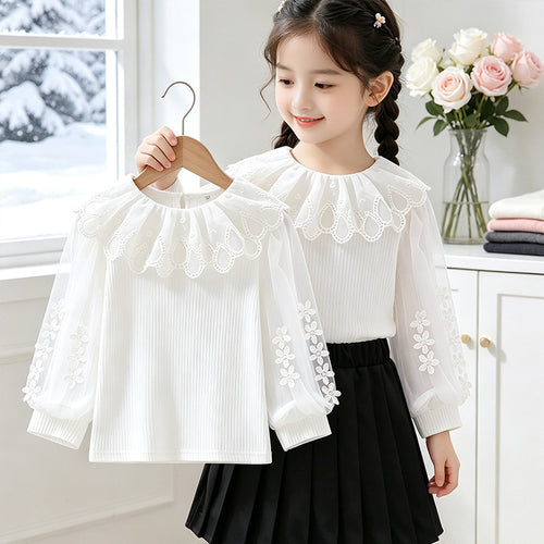 Mädchen Bluse mit romantischem Spitzenkragen und transparenten Puffärmeln Drune
