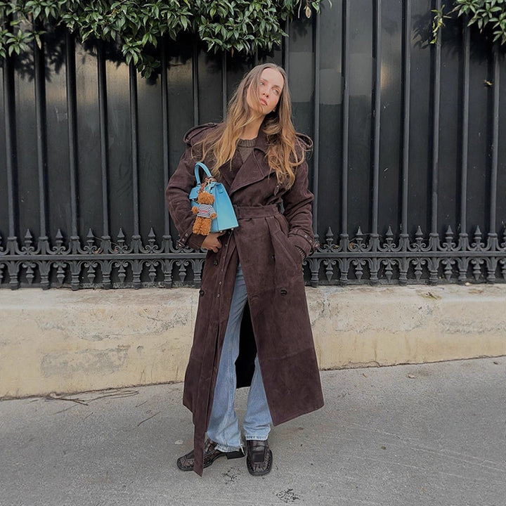 Damen Modischer und bequemer lange Suede-Trenchcoat Drune