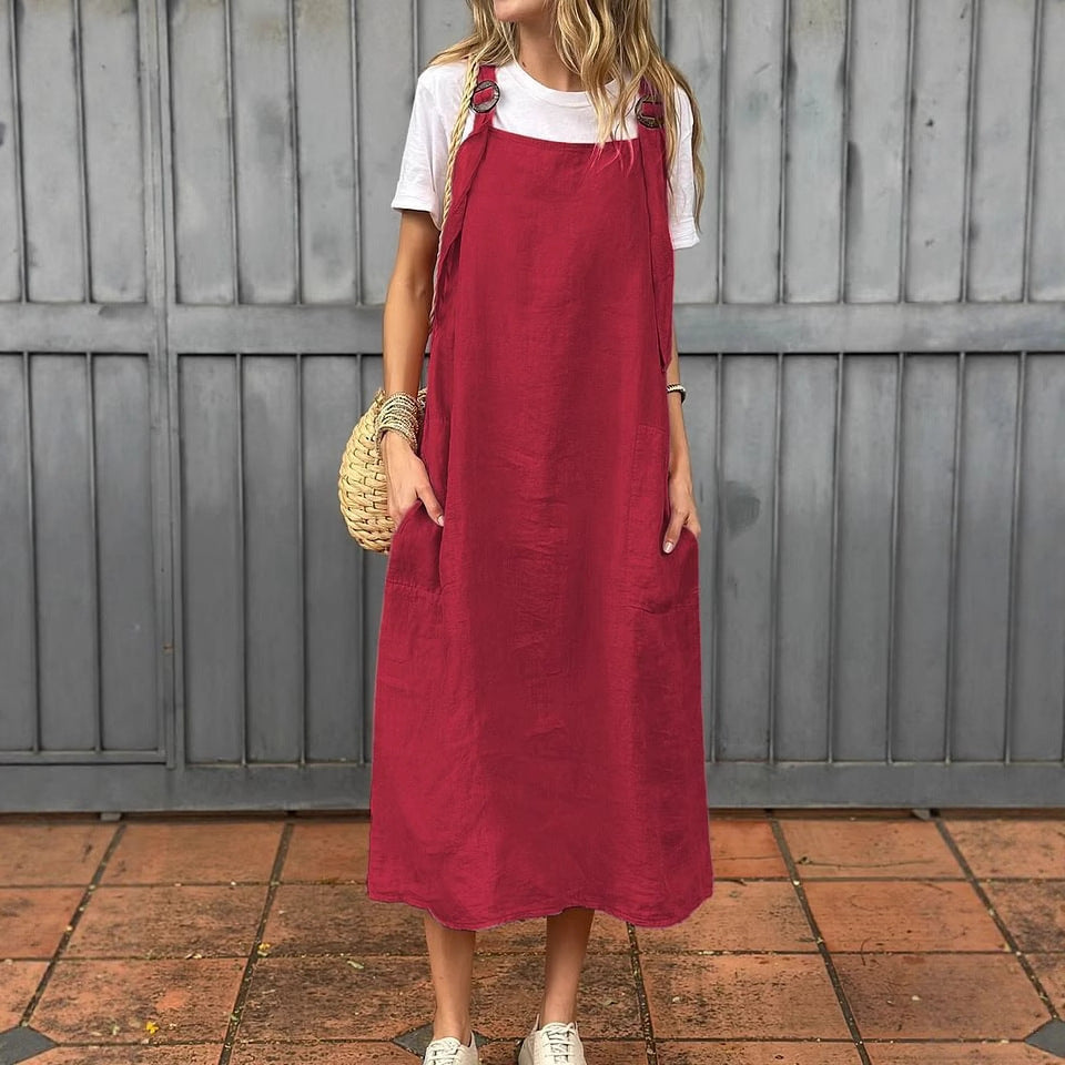 Damen Lässiges Leinenkleid mit verstellbaren Trägern und praktischen Taschen Drune