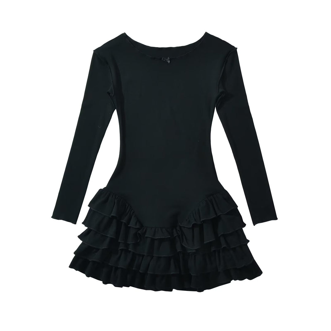 Damen Rüschens Mini-Kleid mit langen Ärmeln und ausgestelltem Saum Drune
