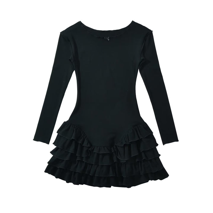 Damen Rüschens Mini-Kleid mit langen Ärmeln und ausgestelltem Saum Drune
