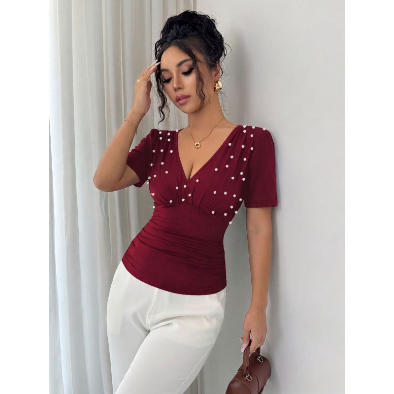 Damen elegante Bluse mit Perlen-Detail Drune