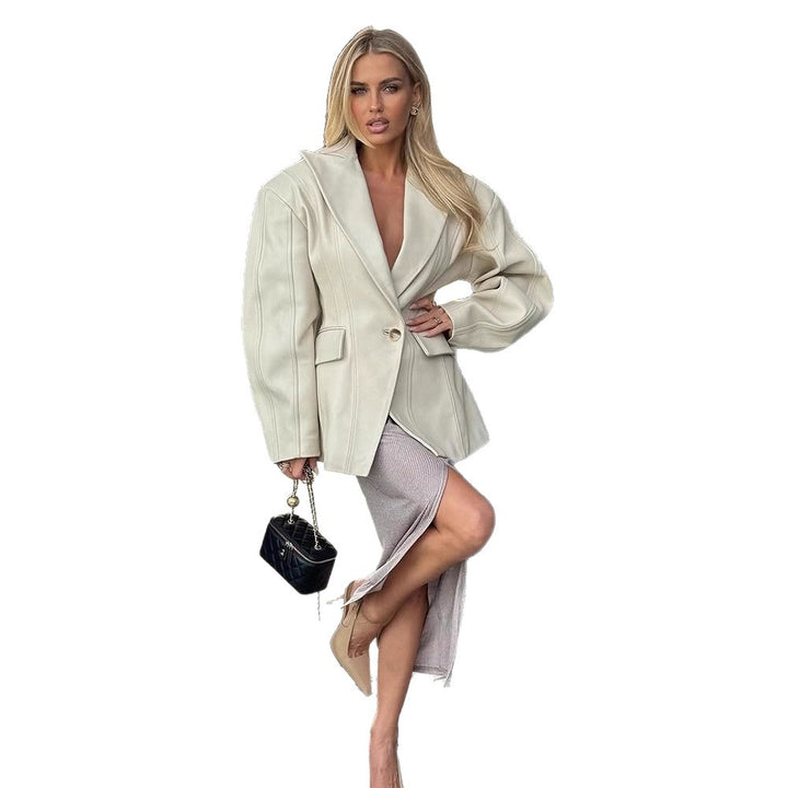 Damen Elegante Kunstleder Blazerjacke mit strukturiertem Design Drune