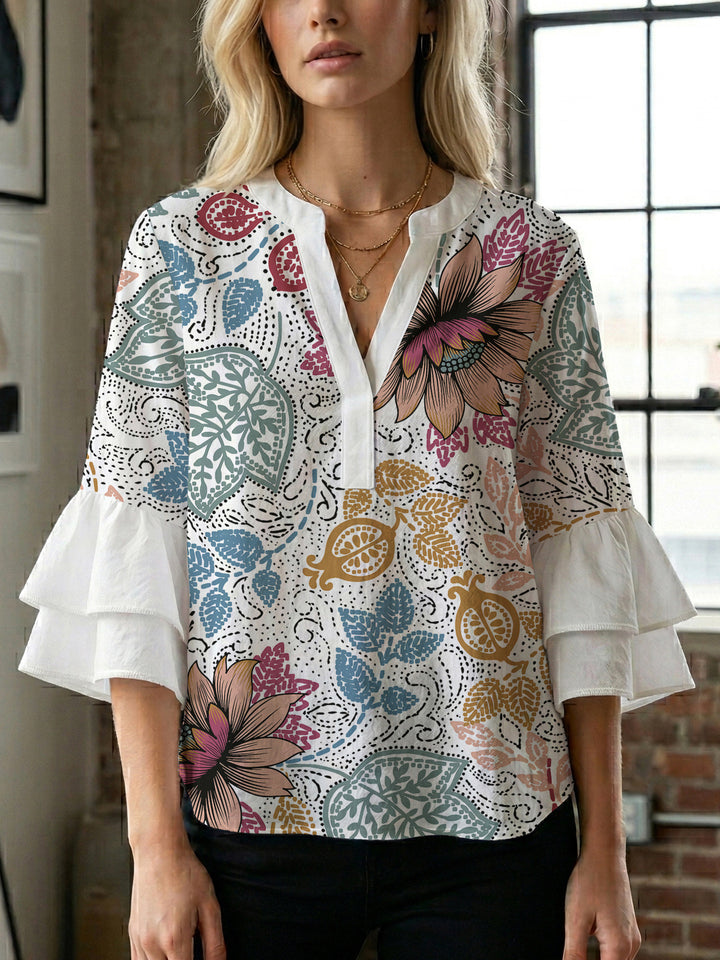 Damen Bluse mit voluminösen Rüschenärmeln und kreativem Floraldesign Drune