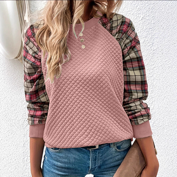 Damen Sweatshirt mit Gitterstruktur und karierten Ärmeln Drune