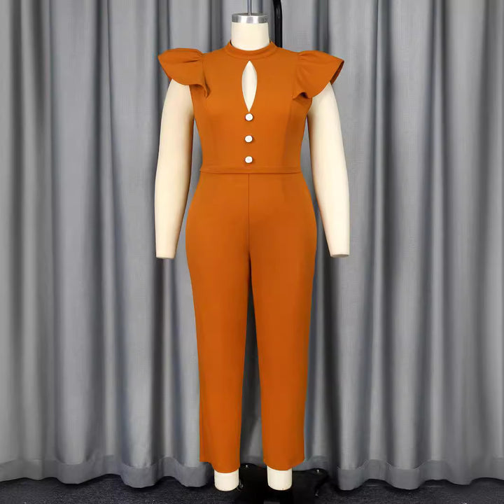 Damen eleganter Jumpsuit mit Rüschärmeln und dekorativen Knöpfen Drune
