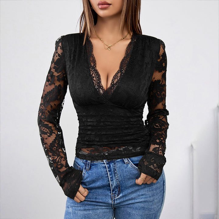 Damen Spitzenbluse mit tiefem V-Ausschnitt und Raffungen Drune