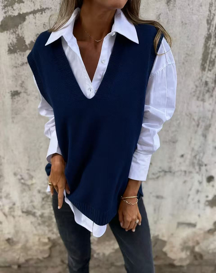 Damen lässiger Strickpullover mit V-Ausschnitt Drune