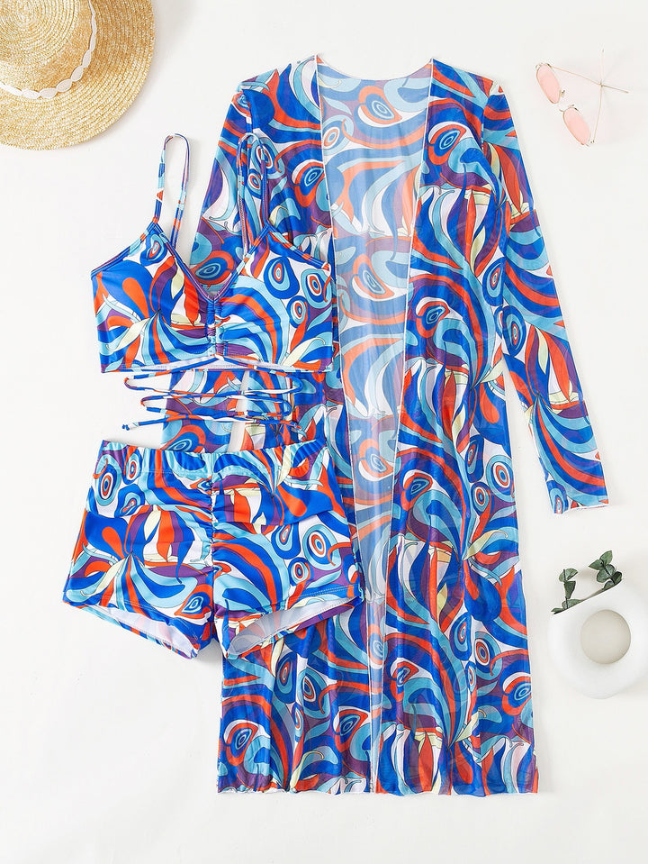 Damen Strandanzug mit leichtem Kimono und buntem Unterteil Drune