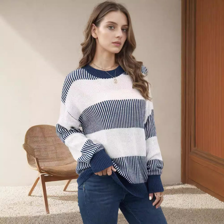 Damen gestreifter Strickpullover mit weitem Schnitt Drune