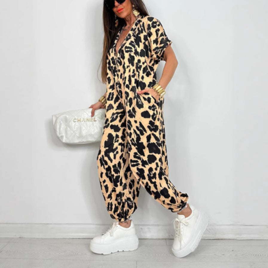 Damen Oversized Jumpsuit mit modernem Leopardenmuster und praktischen Taschen Drune