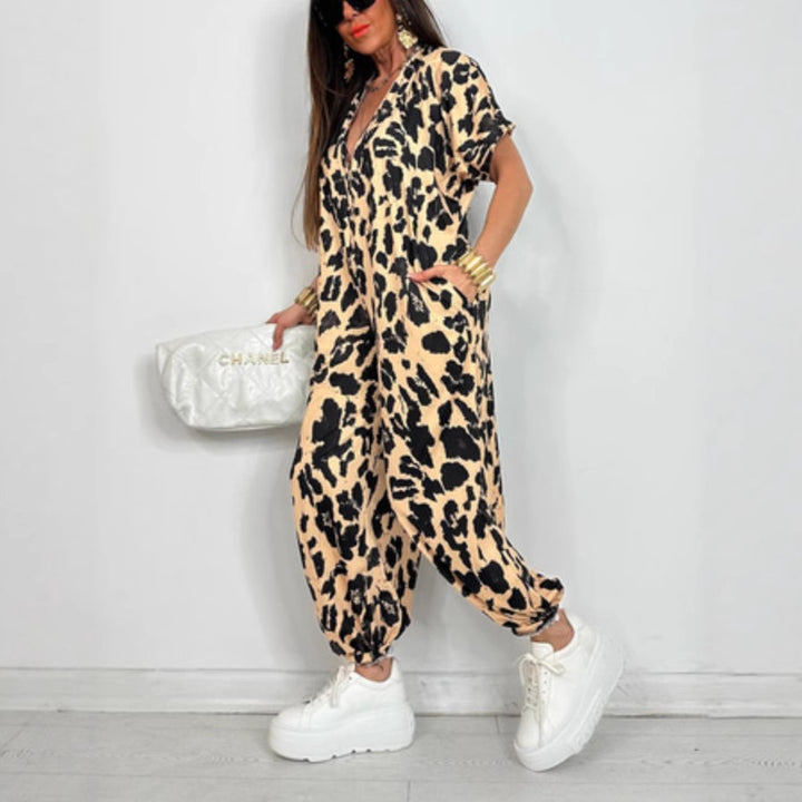 Damen Oversized Jumpsuit mit modernem Leopardenmuster und praktischen Taschen Drune