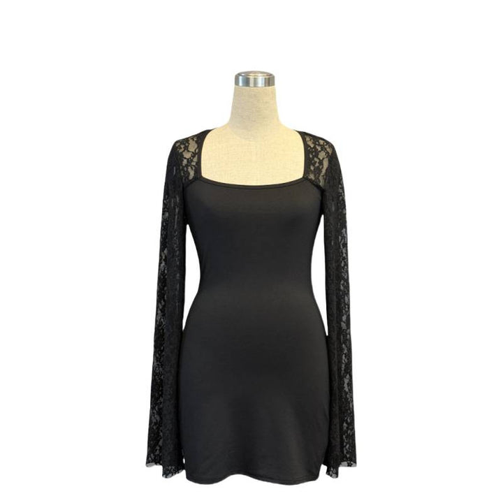 Damen Mini-Kleid mit transparenter Spitzenärmel und figurbetontem Schnitt Drune