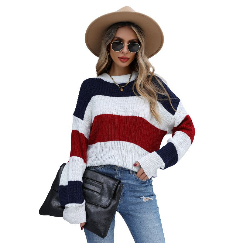 Damen gestreifter Strickpullover mit weitem Schnitt Drune