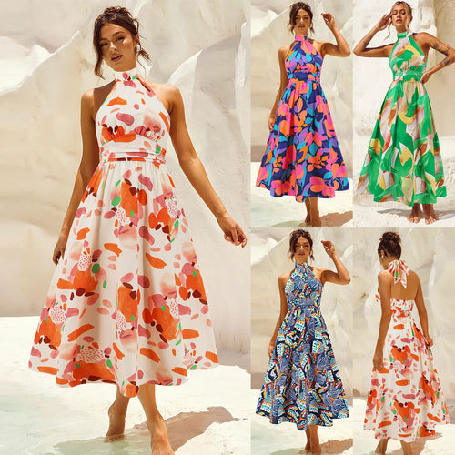 Damen Maxikleid mit hochgeschlossenem Kragen und buntem Blätterdruck Drune