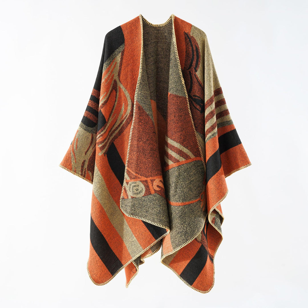 Damen eleganter Strickponcho mit kunstvollem Muster und feinen Fransen Drune