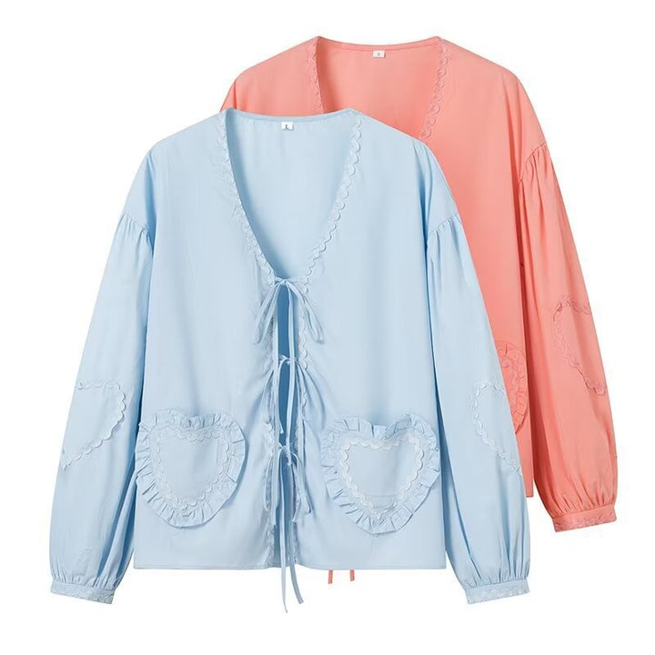 Damen Verspielte Bluse mit Herz-Applikationen und Rüschendetails Drune