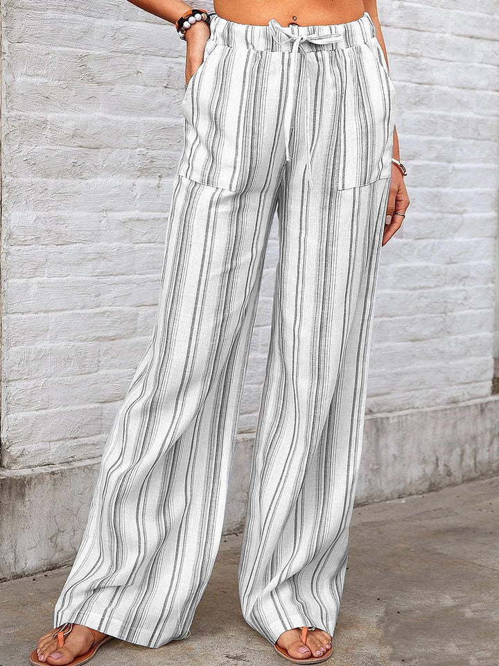 Damen Weit geschnittene Leinenhose mit elastischem Bund und seitlichen Taschen Drune