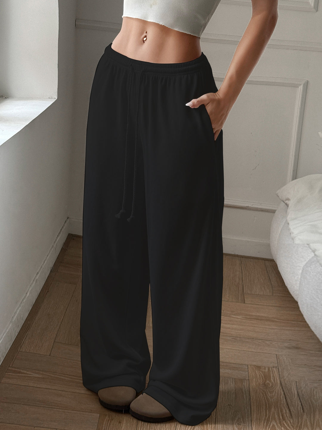 Damen entspannte Palazzo-Hose mit elastischem Bund und praktischen Seitentaschen Drune
