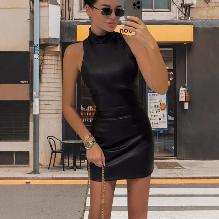 Damen figurbetontes Kleid mit Stehkragen und glänzender Oberfläche Drune