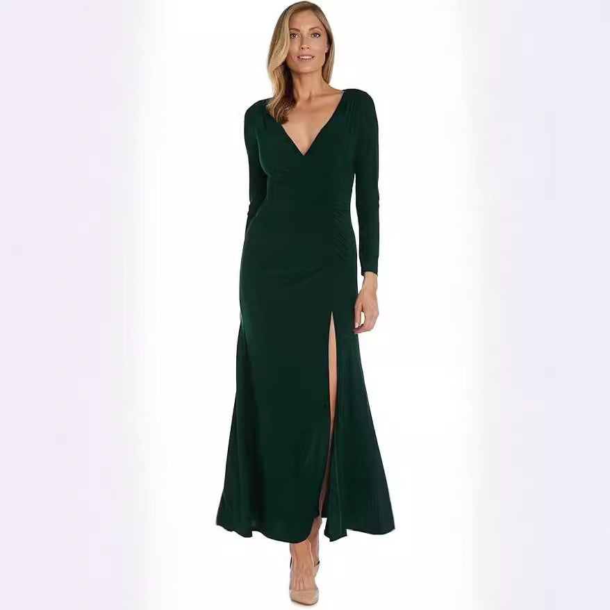 Damen elegantes Maxikleid mit tiefem V-Ausschnitt und seitlichem Schlitz Drune
