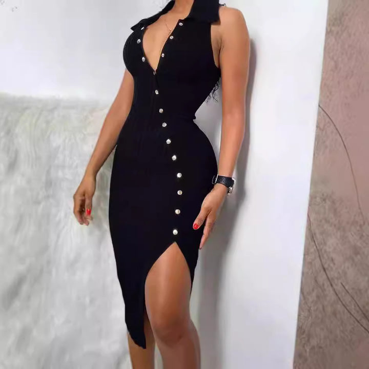 Damen Elegantes Kleid mit Knopfleiste und hohem Schlitz Drune