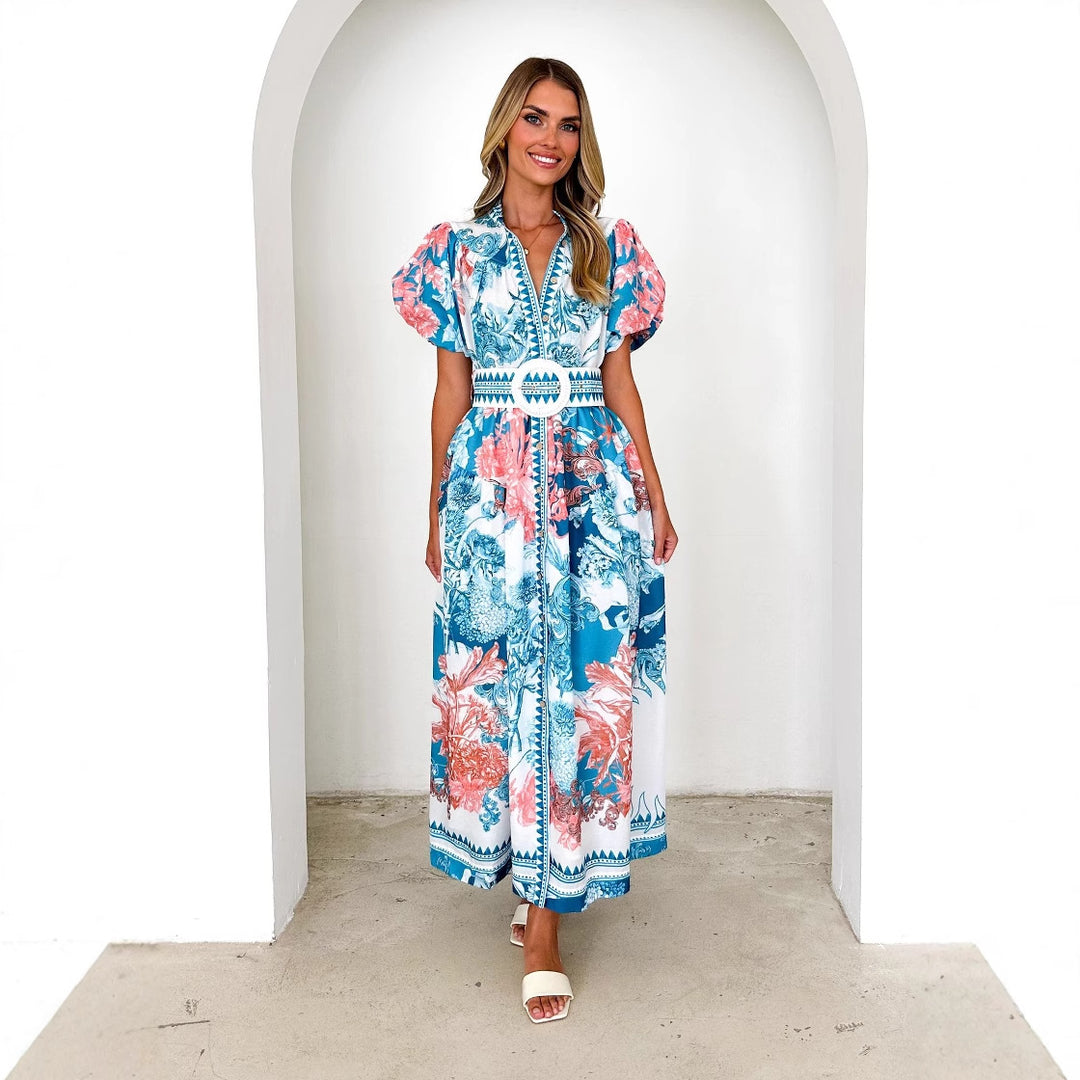 Damen Elegantes Maxikleid mit floralen Mustern und voluminösen Ärmeln Drune