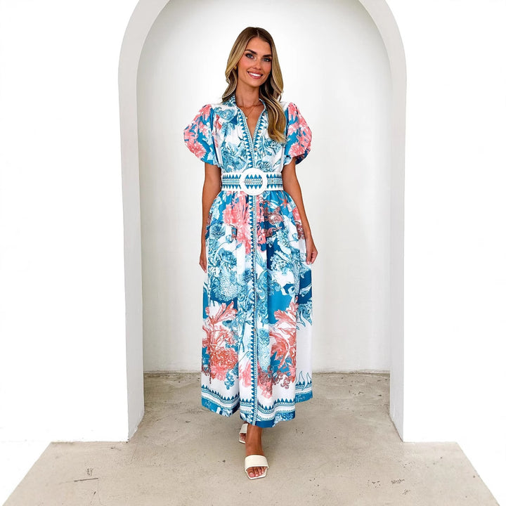 Damen Elegantes Maxikleid mit floralen Mustern und voluminösen Ärmeln Drune