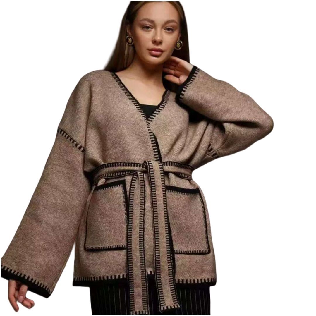 Damen Eleganter Wickelpullover mit Taschen und Gürtel Drune