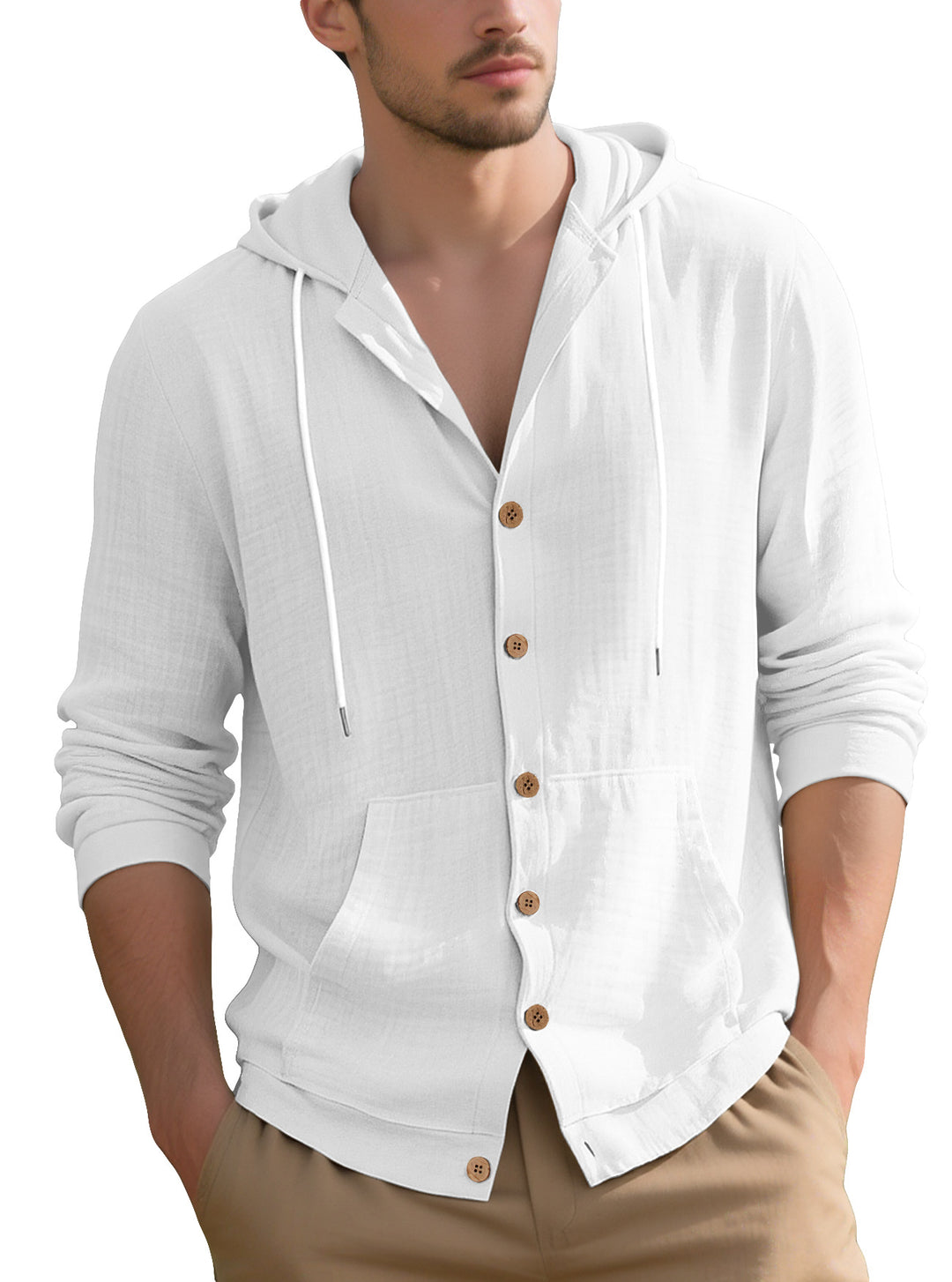 Herren nan leichtes Kapuzen-Übershirt im Crinkle-Look mit Holzknopfleiste und Kängurutasche Drune