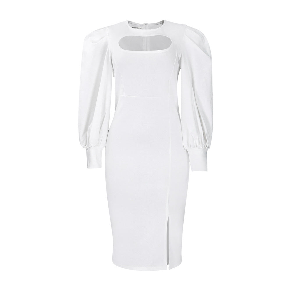 Damen Midi-Kleid mit raffiniertem Ausschnitt und voluminösen Puffärmeln Drune