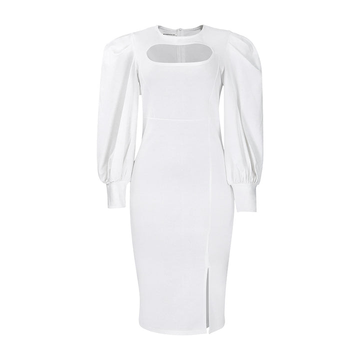 Damen Midi-Kleid mit raffiniertem Ausschnitt und voluminösen Puffärmeln Drune